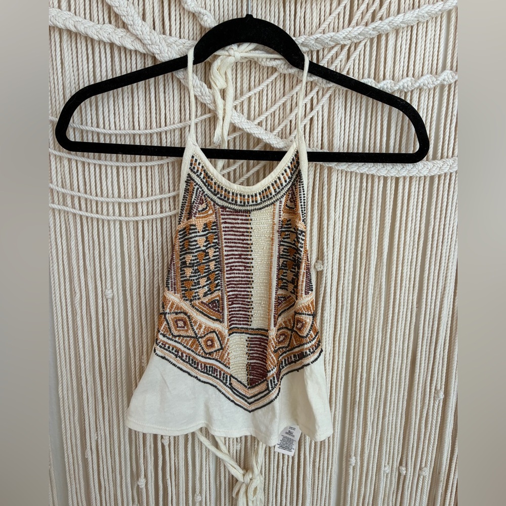 Free People Beaded Bohemian Halter Top - Cream and Brown